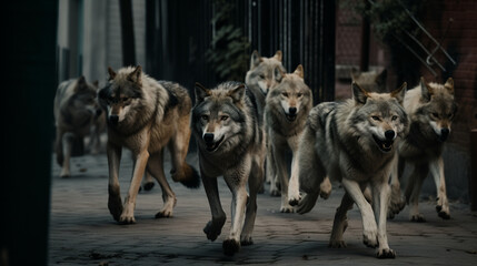 Urban Wild: A Majestic Pack of Wolves Running Through the City