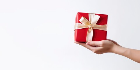 Gift in female hands on a colored background top view. Female hands hold gift box. Copy space for design. Generative AI