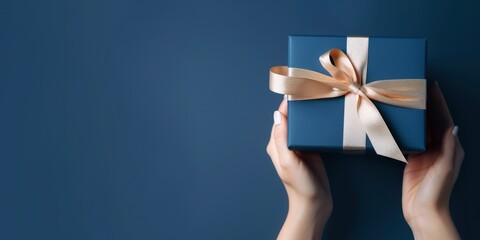 Gift in female hands on a colored background top view. Female hands hold gift box. Copy space for design. Generative AI
