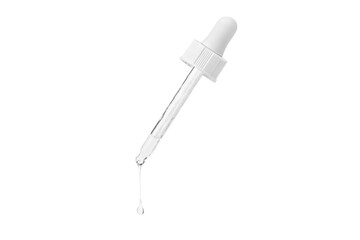 Cosmetic pipette with a white cap at an angle with dripping and flowing liquid. Hyaluronic acid. Serum for the face. Moisturizing.
