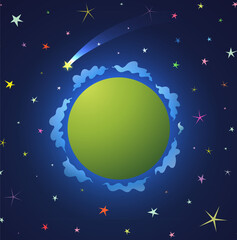 Cute Green Planet for Kids in outer space with shooting stars. Childish planetarium, fantasy earth with clouds wallpaper background. Fantastic playful colorful earth for kids. Vector graphics.