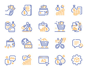 Money invest line icons. Finance fraud, Wallet payment and Cash bribe set. Money inflation, supply chain and credit card line icons. Grand open ceremony, price growth and dollar invest. Vector