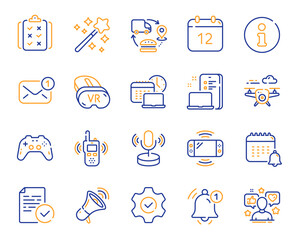 Tech line icons. Game console, Joystick gamepad and Quiz report set. Microphone tech, Radio set and Report reminder icons. Annual calendar, supply chain and notice alert. Social media user. Vector