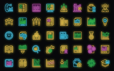 Trade school icons set outline vector. Money academy. Bank education neon color on black