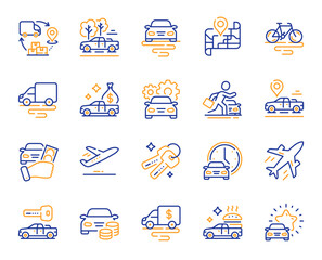 Transport line icons. Car vehicle, Flight plane and Mountain bike set. Supply chain, Car key and Travel map icons. Food delivery, pickup transport and rent a car. Vehicle road trip. Vector © blankstock