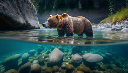 A grizzly bear is standing at the edge of a crystal clear stream in the Alaskan wilderness. Created using Generative AI technology. - obrazy, fototapety, plakaty
