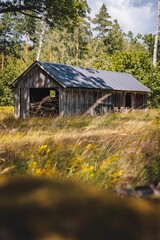Vertical shot of an agricultural wooden barn in nature filled with wood branches on a sunny day