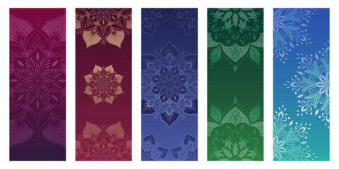 Set of yoga mats, posters, flyers, cards with flower mandalas. Ethnic round ornament.