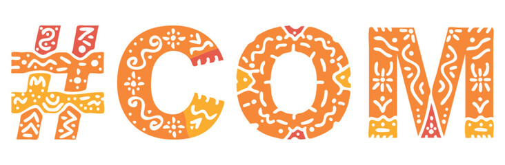 COM Hashtag. Isolated text with national ethnic ornament. Patterned Popular Hashtag #COM for social network, web resources, mobile app, games, clothing, t-shirt, banner, adv. Stock vector image