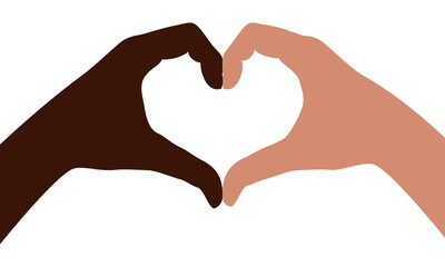 Gesture of the two hand with different color skin folded as heart. Hands folded in the shape of a heart, sign isolated on white background. Symbol racial equality and diversity. Vector illustration - obrazy, fototapety, plakaty