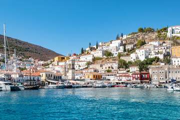 View of Hydra town at harbor in Greece.