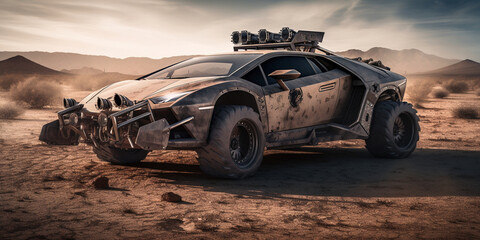 Plakat Post-Apocalyptic Supercar with Integrated Weapons, Ai generaitive