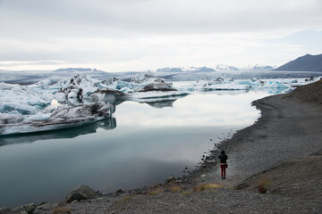 Woman seen from her back taking a piceture at Jokulsarlon glacier