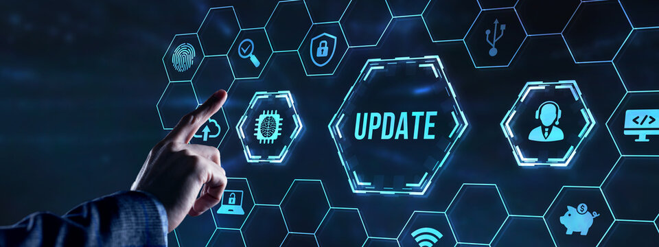 Internet, business, Technology and network concept. Update software computer program upgrade. Virtual button.