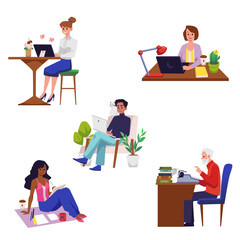 Copywriters and screenwriters characters set flat vector illustration isolated.