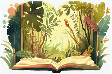Watercolor Illustration of a A Tropical Rainforest Jungle Appearing Opening A Book. Generative AI - obrazy, fototapety, plakaty