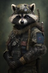 raccoon animal portrait dressed as a warrior fighter or combatant soldier concept, military army
