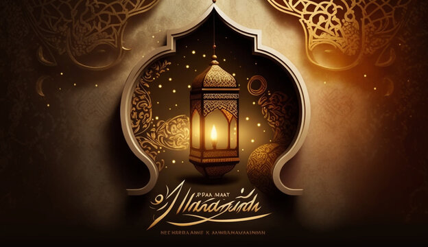 Ramadan Mubarak on a grungy and blury background with lantern. Ramadan Mubarak