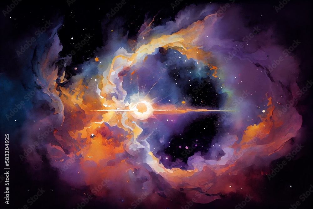 Wall mural watercolor illustration of a birth of a star in space during a nebula explosion. nuclear fusion of c