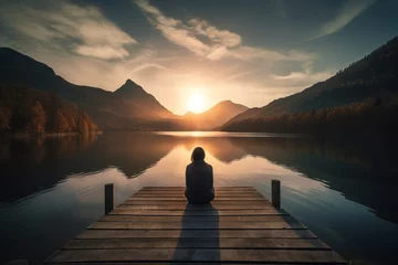 Tuinposter  a person sitting on a dock looking out at a lake and mountains in the distance with the sun setting over the mountains in the distance.  generative ai © Oleg