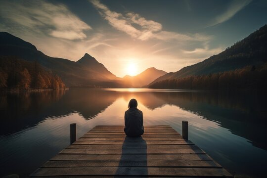  a person sitting on a dock looking out at a lake and mountains in the distance with the sun setting over the mountains in the distance.  generative ai