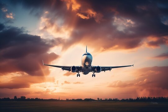  a large jetliner flying through a cloudy sky at sunset with the sun setting behind the plane and clouds in the sky behind it,. generative ai © Oleg