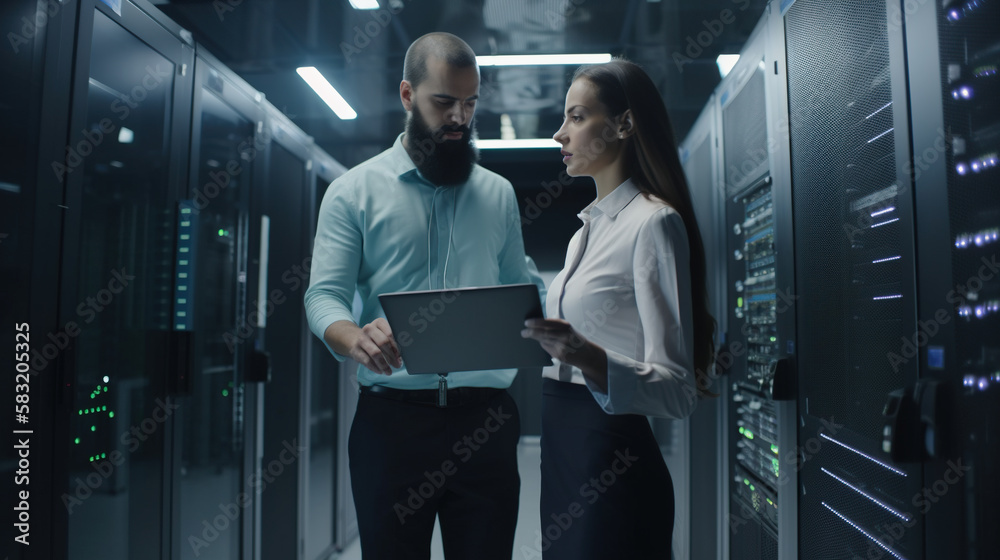 Poster programmers working on servers in data center. modern technology concept. generative ai