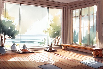 Watercolor Illustration of a Clean And Clam Yoga Studio With Beautiful Nature View. Interior Design. Generative AI