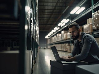 Young handsome Caucasian male warehouse worker using laptop while working in warehouse. This is a freight transportation and distribution warehouse. Generative AI