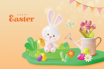 3d Happy Easter Day Ads Banner Concept Poster Card Plasticine Cartoon Style Include of Bunny with Flowers. Vector illustration of Spring Holiday