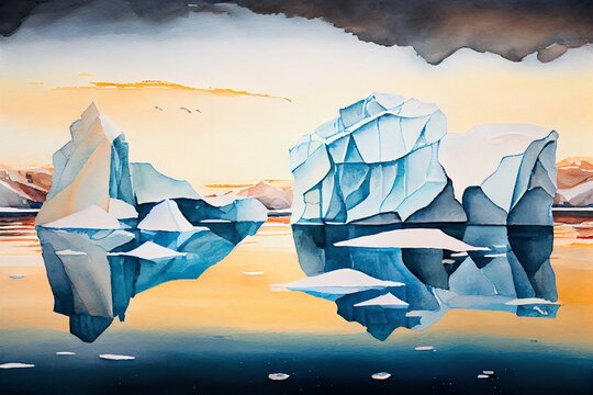 Watercolor Illustration of a Composition Of Icebergs Reflected In Sea Over Sky. Generative AI