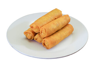 Fried spring rolls on a white plate with white background. 