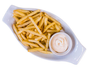 Plate of French fries potatoes served with mayonnaise sauce in small bowl, viewed from above isolated on white background.
