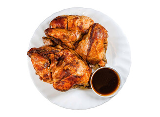 Roasted chicken with sweet chili sauce isolated on white background top view.