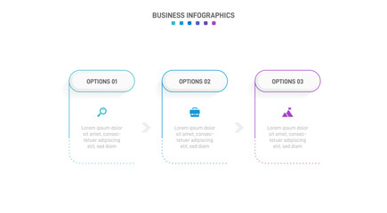 Timeline infographic with infochart. Modern presentation template with 3 spets for business process. Website template on white background for concept modern design. Horizontal layout.