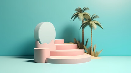 Fototapeta premium Stage podium scene for product showcase, happy, summer day promotion concepts for your design choices. generative ai