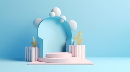 Stage podium scene for product showcase, happy, summer day promotion concepts for your design choices. generative ai