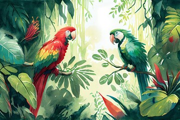Watercolor Illustration of a Illustration Of A Tropical Rainforest With Parrots. Generative AI