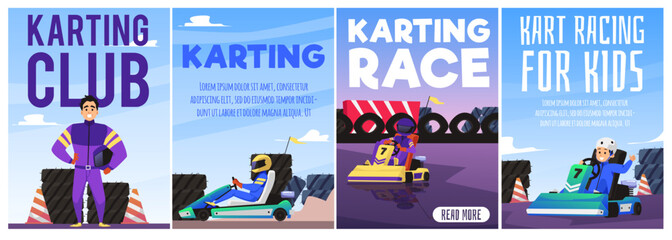 Posters or flyers for karting club and kart races, flat vector illustration.