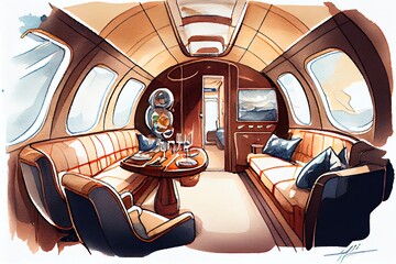 Watercolor Illustration of a Interior Of Luxurious Private Jet With Leather Seats. Generative AI