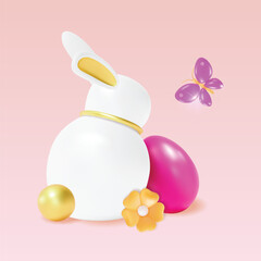 3d Happy Easter Concept Plasticine Cartoon Style Include of Butterfly, Flower and Rabbit. Vector illustration of Spring Holiday