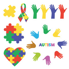 Medical symbols and icons of autism disorder flat vector illustration isolated.