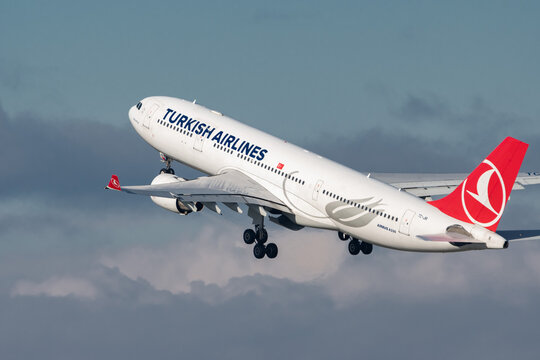 Turkish airlines Airbus A330-223 jet departure from Zurich in Switzerland 19.1.2023