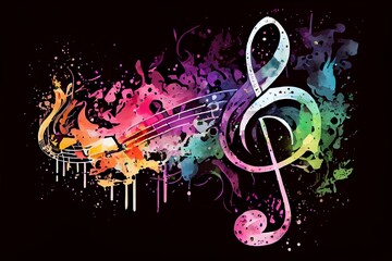 Watercolor Illustration of a Music Stave And Treble Clef Colorful Splash Illustration On Black Background, Horizontal Banner With Copy Space. Generative AI