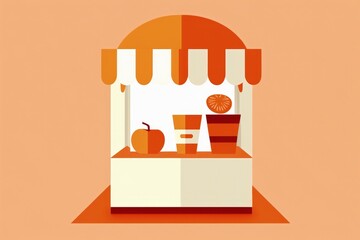 Shop illustration with orange and white awning, orange background, sales concept. Generative AI