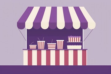 Shop illustration with purple and white awning, purple background, sales concept. Generative AI