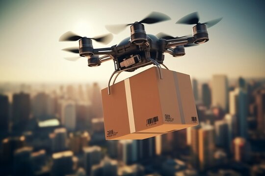 Drone delivers goods in the sky The background is a building in the city