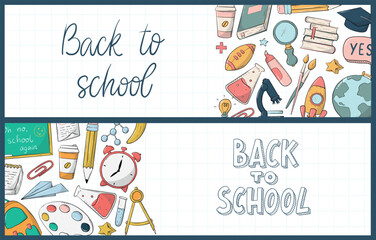 set of 2 back to school horizontal banners decorated with quotes and doodles. Good for posters, prints, cards, templates, etc. EPS 10
