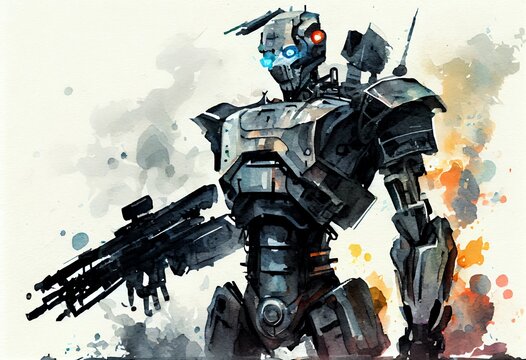 Watercolor Illustration of a Robot Is Armed, Protection Or Evil Robot With Gun, Humanoid Robot Artificial Intelligence. Generative AI