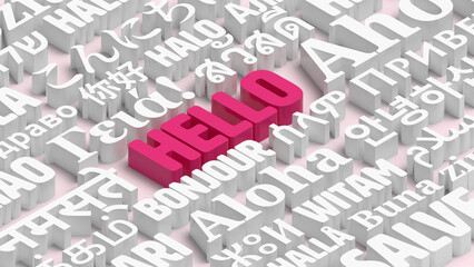 3D Composition of "Hello" messages in world different written languages, Red and White texts